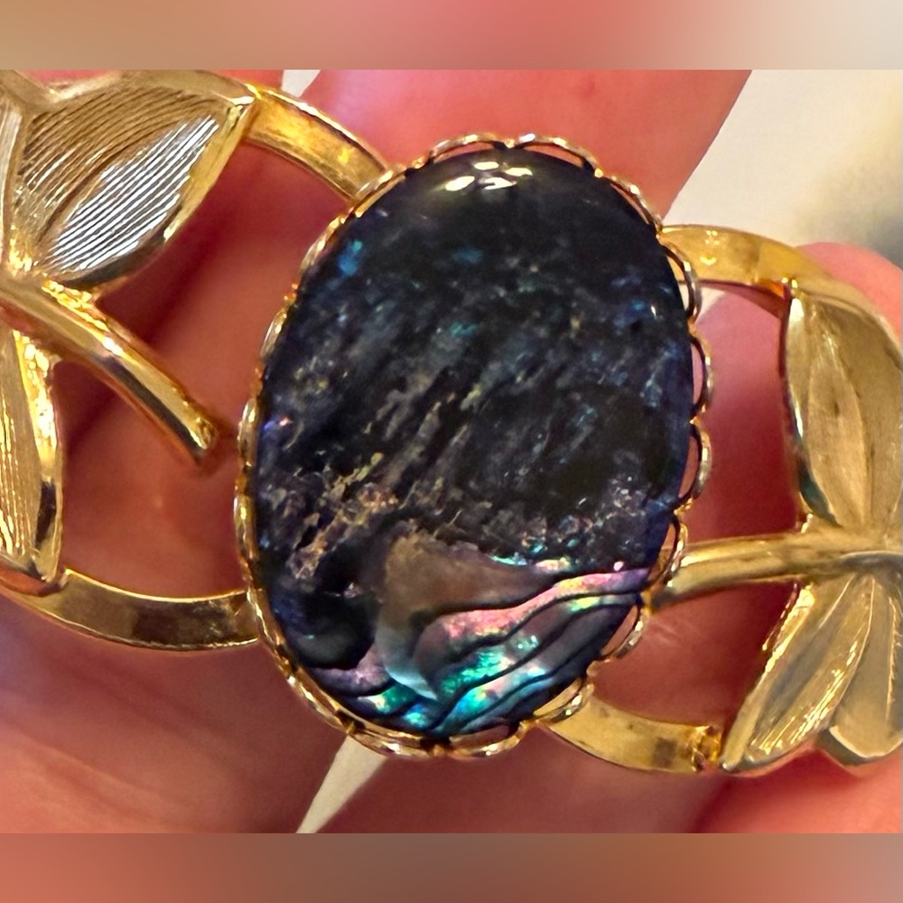 Vintage Gold Tone Hinged Bangle Bracelet w/Gemstone - Picture 2 of 16